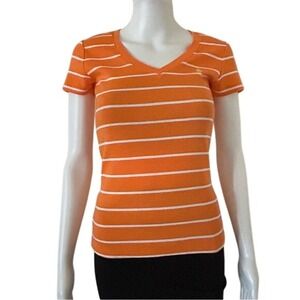 Ralph Lauren sport Short sleeve Orange White Striped Ribbed Cotton V-Neck Small